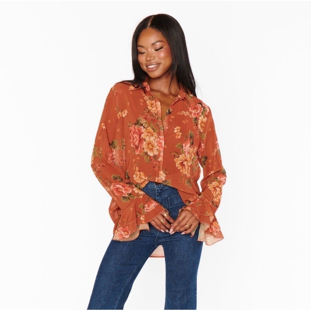 Show Me Your MuMu Carmela Top Blouse Floral Orange Relaxed Chiffon Ruffle Sz S - Picture 2 of 9